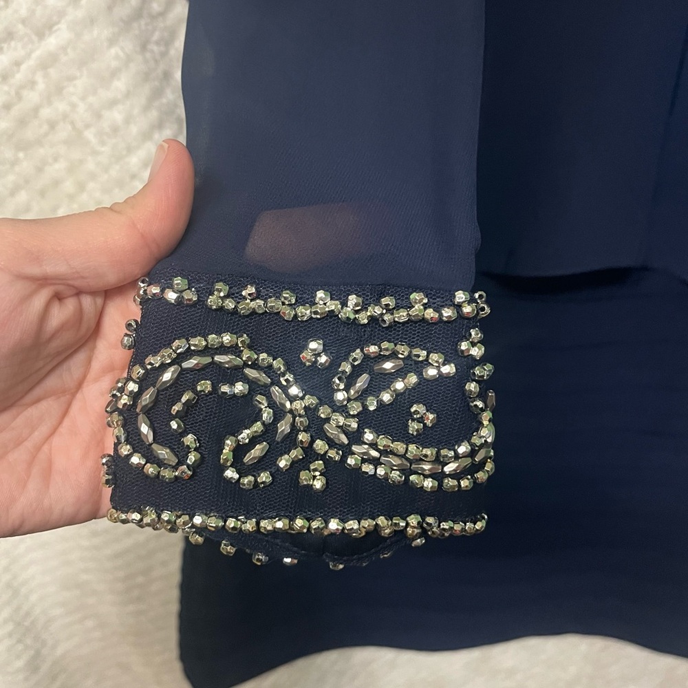 Betsy & Adam Navy Blue Cold Shoulder Popover Dress Embellished Cuffs Size 10 - Picture 5 of 12